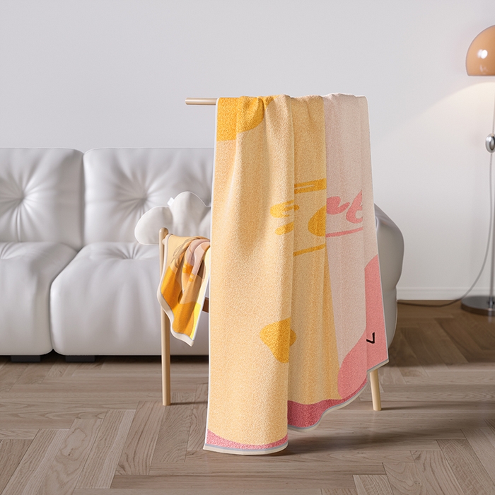 91家纺网 家纺一手货源 找家纺 悦然毛巾被 2025新款全棉色织提花毛圈浴巾 斑点黄 70x140cm