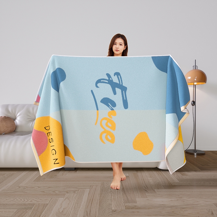 91家纺网 家纺一手货源 找家纺 悦然毛巾被 2025新款全棉色织提花毛圈浴巾 斑点蓝 70x140cm