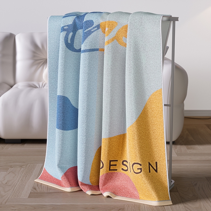 91家纺网 家纺一手货源 找家纺 悦然毛巾被 2025新款全棉色织提花毛圈浴巾 斑点蓝 70x140cm