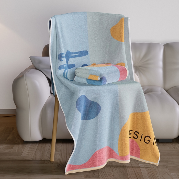 91家纺网 家纺一手货源 找家纺 悦然毛巾被 2025新款全棉色织提花毛圈浴巾 斑点蓝 70x140cm