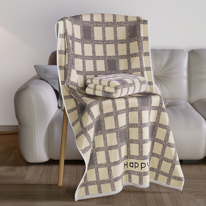 91家纺网 家纺一手货源 找家纺 悦然毛巾被 2025新款全棉色织提花毛圈浴巾 棋盘格咖 70x140cm