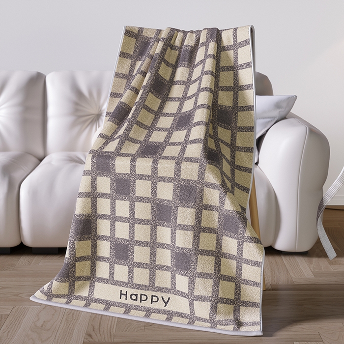 91家纺网 家纺一手货源 找家纺 悦然毛巾被 2025新款全棉色织提花毛圈浴巾 棋盘格咖 70x140cm