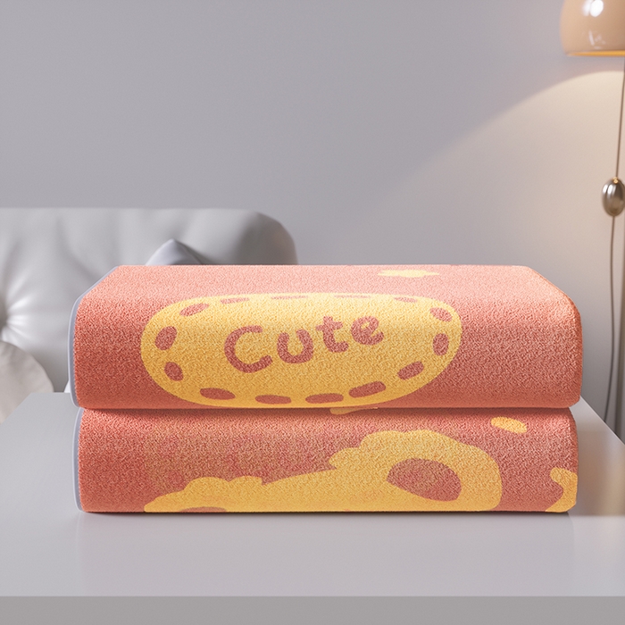 91家纺网 家纺一手货源 找家纺 悦然毛巾被 2025新款全棉色织提花毛圈浴巾 熊头澄黄 70x140cm