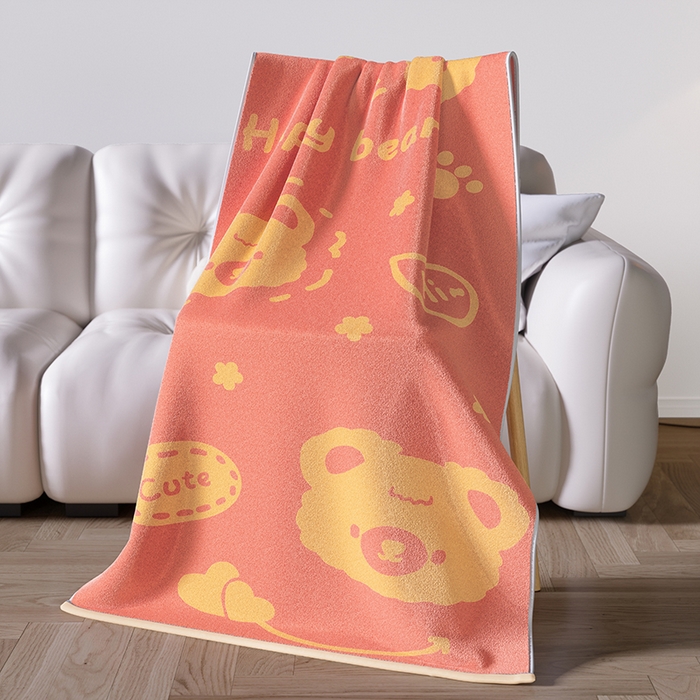 91家纺网 家纺一手货源 找家纺 悦然毛巾被 2025新款全棉色织提花毛圈浴巾 熊头澄黄 70x140cm