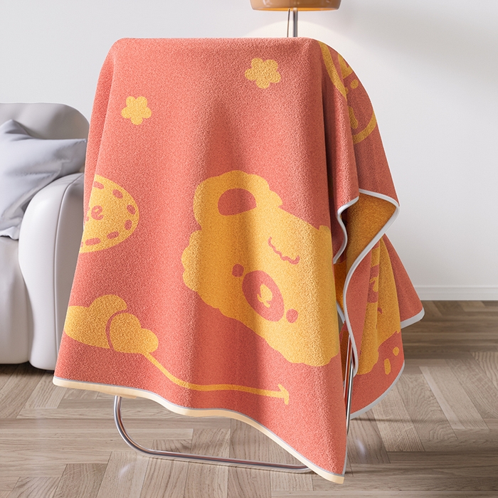 91家纺网 家纺一手货源 找家纺 悦然毛巾被 2025新款全棉色织提花毛圈浴巾 熊头澄黄 70x140cm