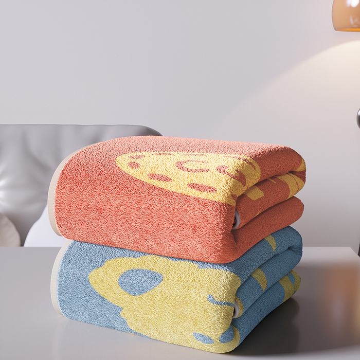 91家纺网 家纺一手货源 找家纺 悦然毛巾被 2025新款全棉色织提花毛圈浴巾 熊头澄黄 70x140cm