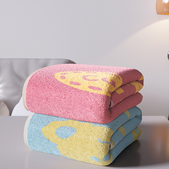 91家纺网 家纺一手货源 找家纺 悦然毛巾被 2025新款全棉色织提花毛圈浴巾 熊头粉黄 70x140cm