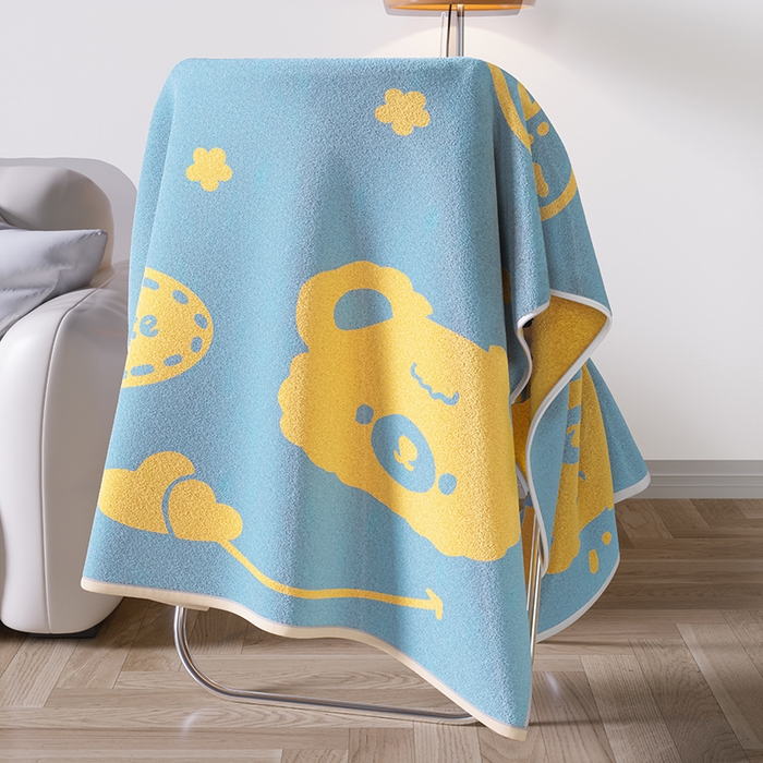 91家纺网 家纺一手货源 找家纺 悦然毛巾被 2025新款全棉色织提花毛圈浴巾 熊头蓝黄 70x140cm