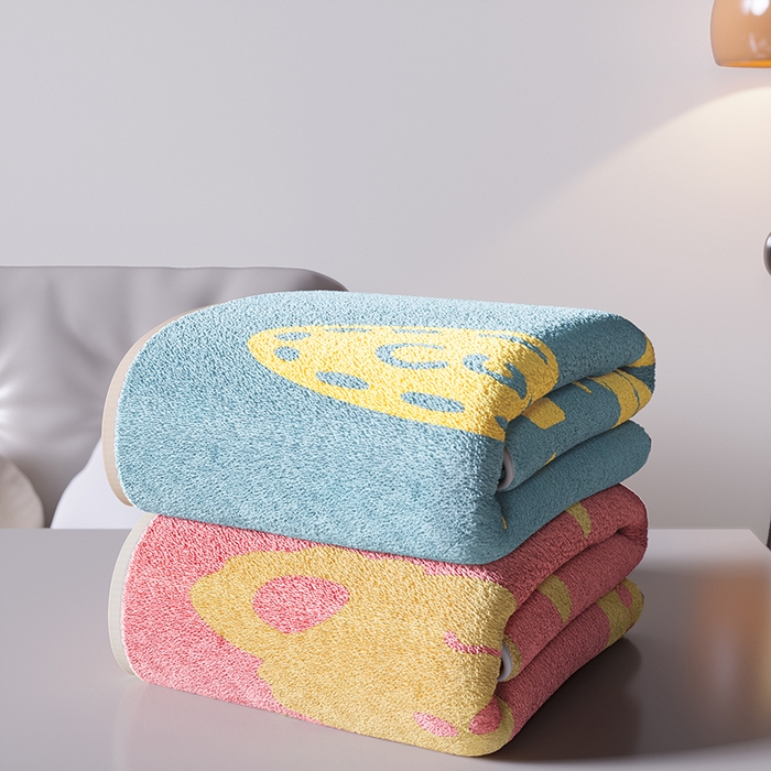 91家纺网 家纺一手货源 找家纺 悦然毛巾被 2025新款全棉色织提花毛圈浴巾 熊头蓝黄 70x140cm