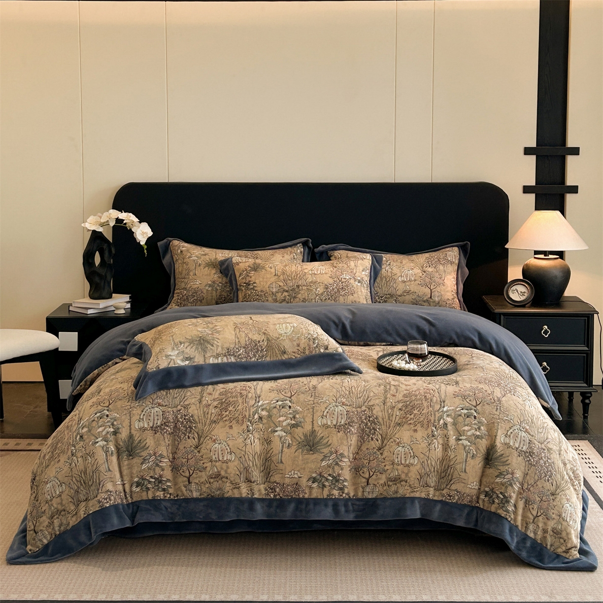 91家纺网 家纺一手货源 找家纺 笙意家纺 2025新款加厚牛奶绒法式数码印花宽边四件套 菲尔德