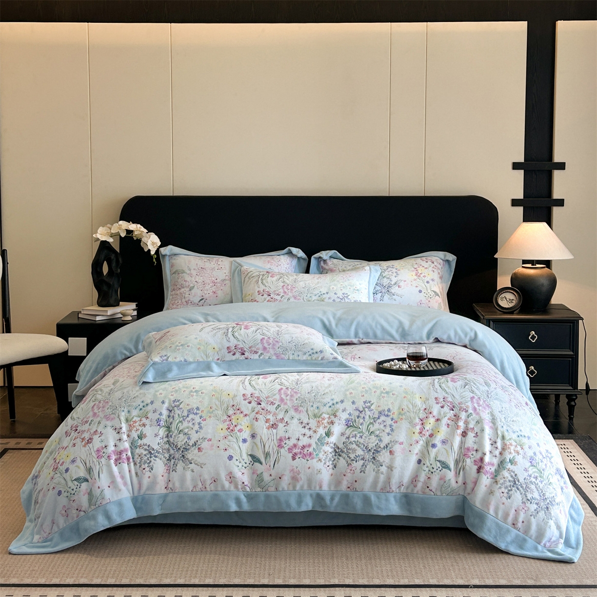 91家纺网 家纺一手货源 找家纺 笙意家纺 2025新款加厚牛奶绒法式数码印花宽边四件套 花海