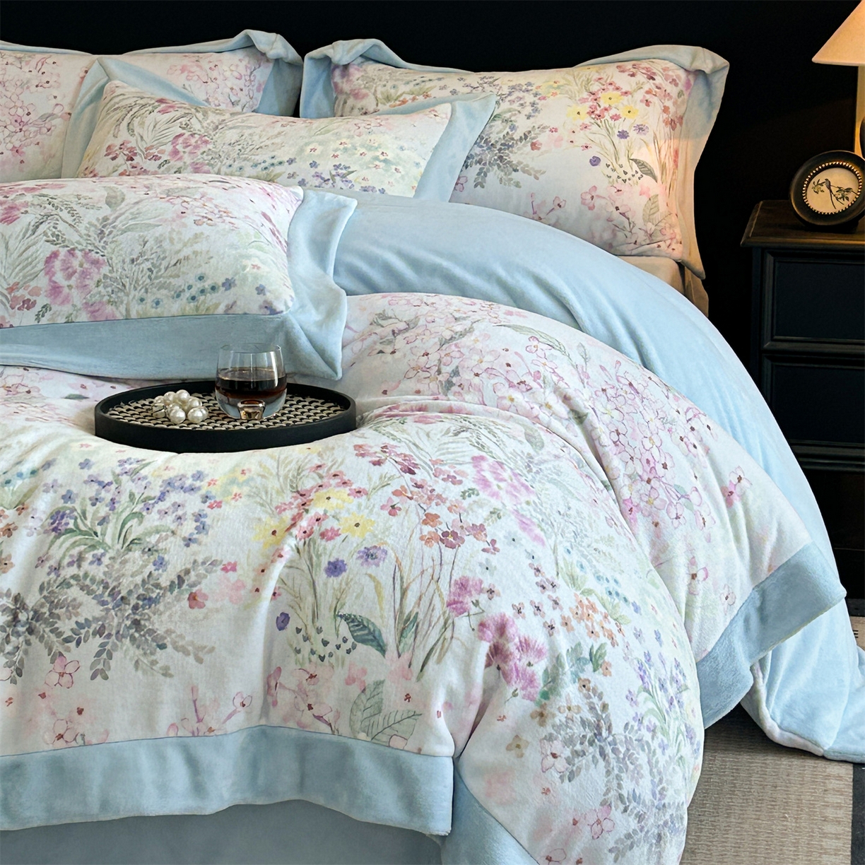 91家纺网 家纺一手货源 找家纺 笙意家纺 2025新款加厚牛奶绒法式数码印花宽边四件套 花海