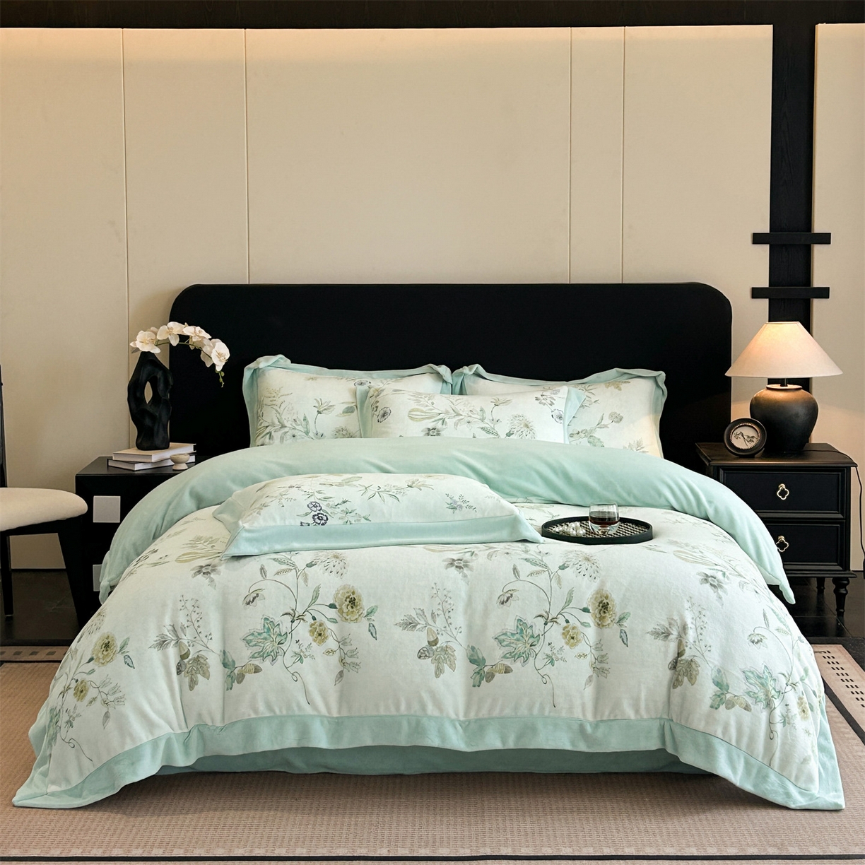 91家纺网 家纺一手货源 找家纺 笙意家纺 2025新款加厚牛奶绒法式数码印花宽边四件套 奈雪