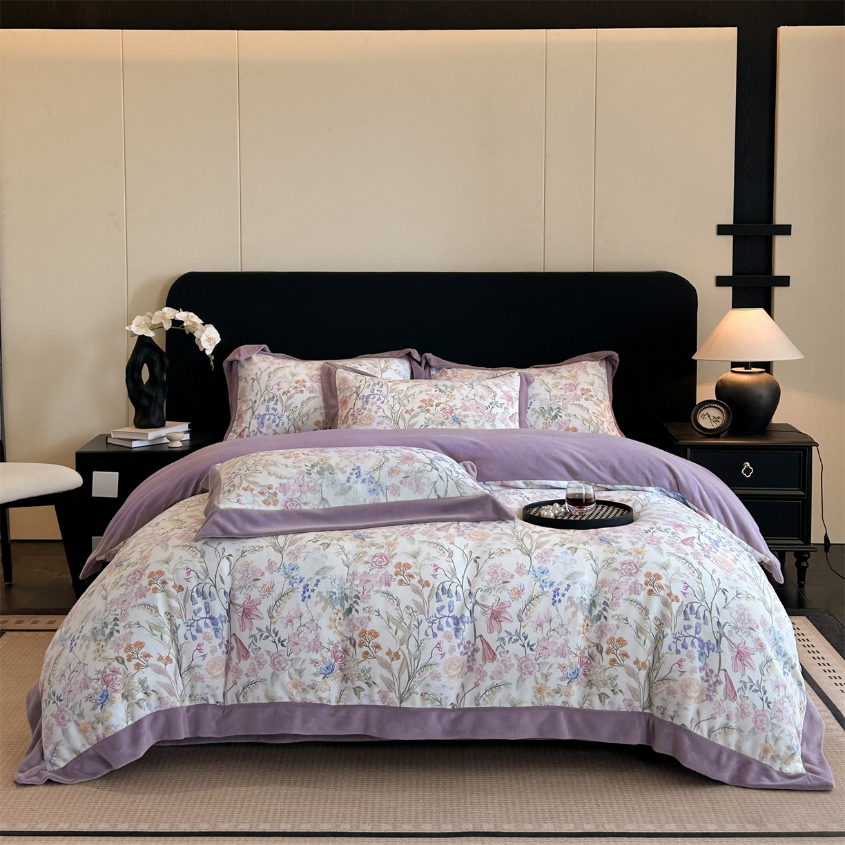 91家纺网 家纺一手货源 找家纺 笙意家纺 2025新款加厚牛奶绒法式数码印花宽边四件套 屿冬