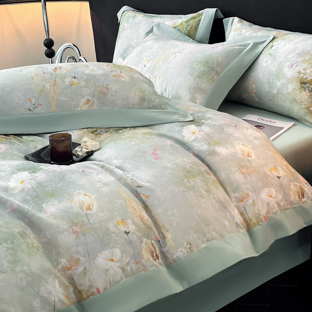 91家纺网 家纺一手货源 找家纺 博纳家纺 2025新款正宗3221纯棉磨毛印花宽边四件套系列-流光系列 半夏