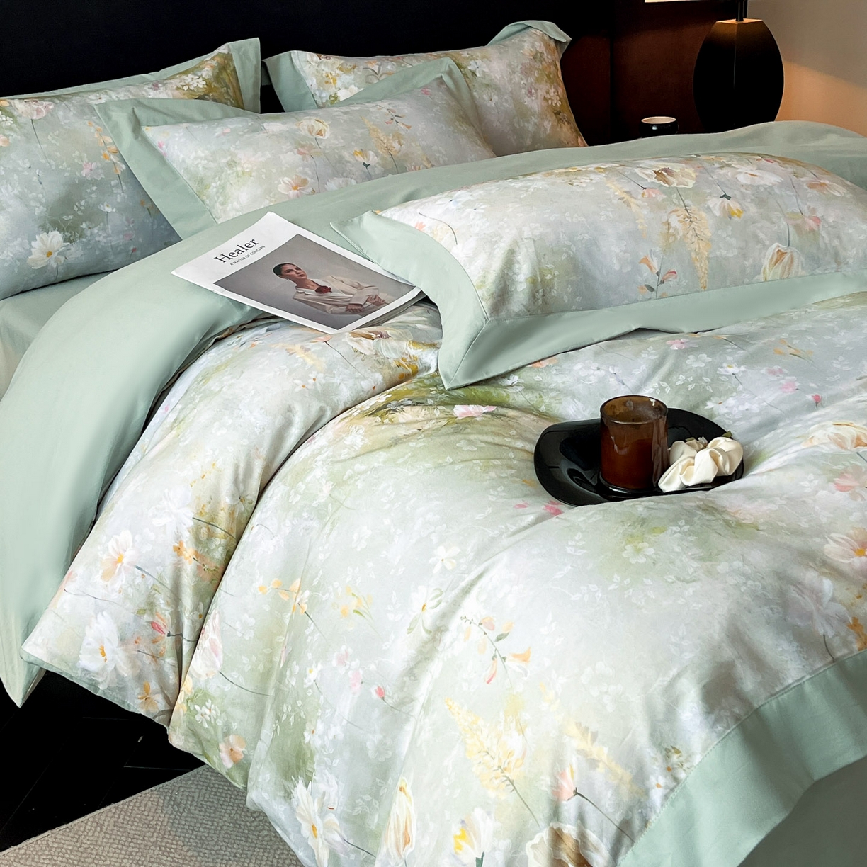 91家纺网 家纺一手货源 找家纺 博纳家纺 2025新款正宗3221纯棉磨毛印花宽边四件套系列-流光系列 半夏