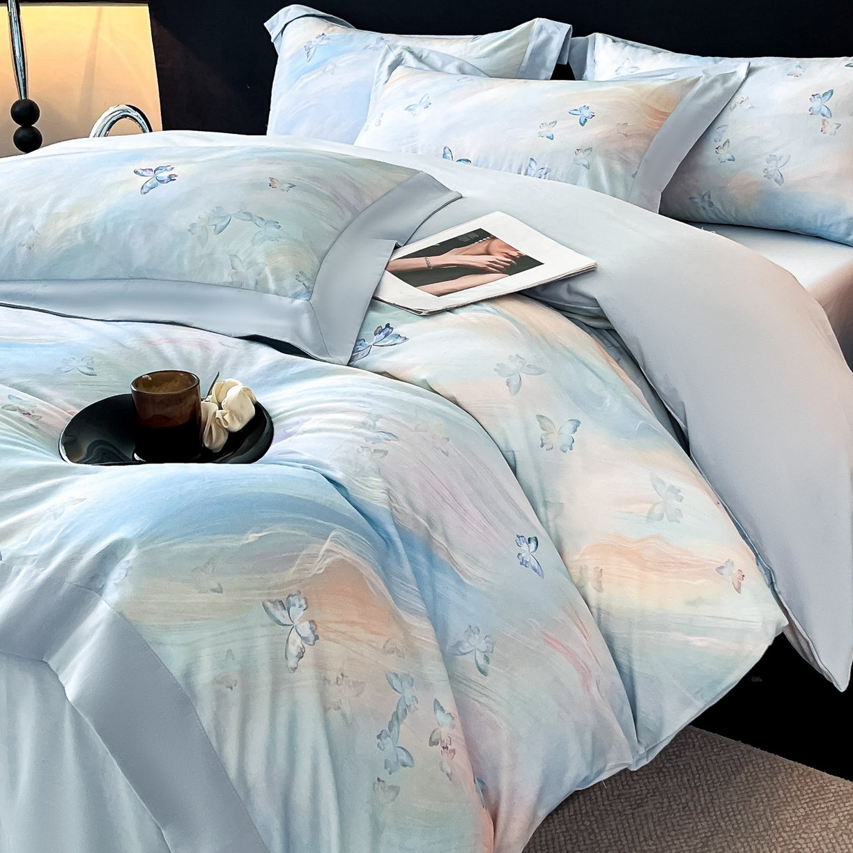 博纳家纺 2025新款正宗3221纯棉磨毛印花宽边四件套系列-流光系列 流光-天兰