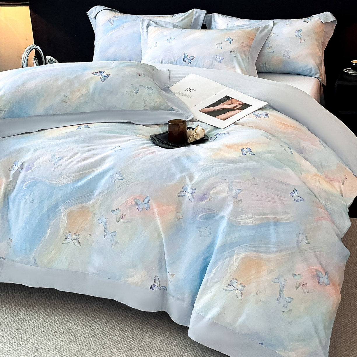 91家纺网 家纺一手货源 找家纺 博纳家纺 2025新款正宗3221纯棉磨毛印花宽边四件套系列-流光系列 流光-天兰