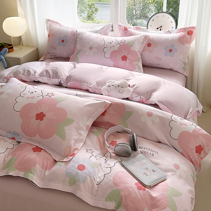 91家纺网 家纺一手货源 找家纺 南通菲度家纺 2025新款高克重芦荟棉四件套-大床 花溪小兔