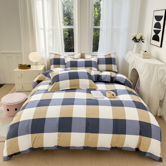 南通菲度家纺 2025新款高克重芦荟棉四件套-大床 蓝白大格