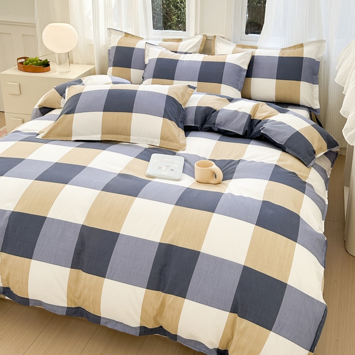 91家纺网 家纺一手货源 找家纺 南通菲度家纺 2025新款高克重芦荟棉四件套-大床 蓝白大格