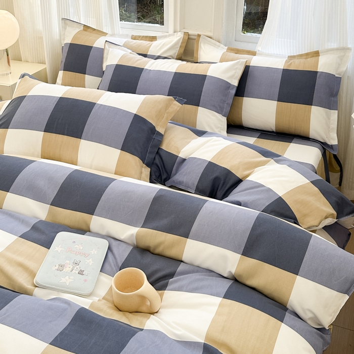 91家纺网 家纺一手货源 找家纺 南通菲度家纺 2025新款高克重芦荟棉四件套-大床 蓝白大格