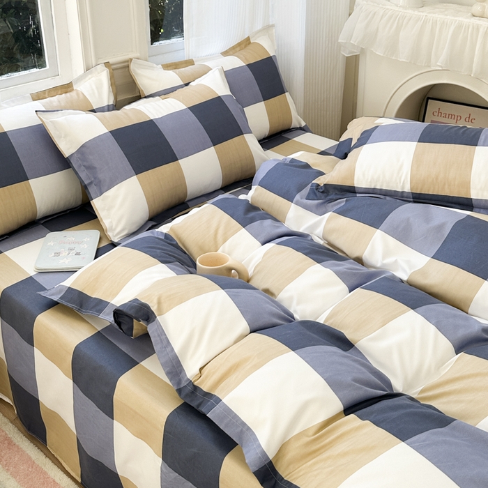 91家纺网 家纺一手货源 找家纺 南通菲度家纺 2025新款高克重芦荟棉四件套-大床 蓝白大格