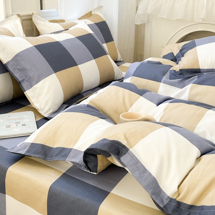 91家纺网 家纺一手货源 找家纺 南通菲度家纺 2025新款高克重芦荟棉四件套-大床 蓝白大格