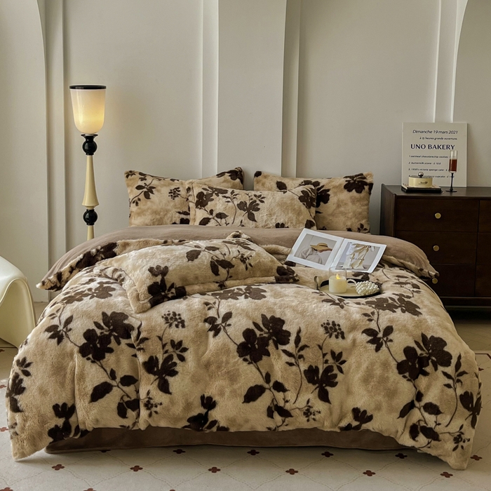 梦纤绒 2025新款亲肤舒适兔毛印花牛奶绒保暖四件套一美拉德系 咖啡大花朵