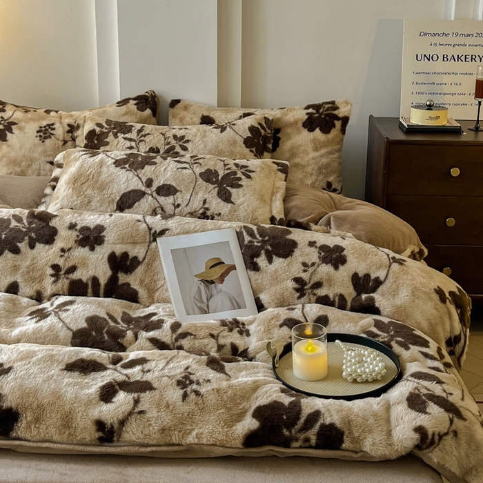 91家纺网 家纺一手货源 找家纺 梦纤绒 2025新款亲肤舒适兔毛印花牛奶绒保暖四件套一美拉德系 咖啡大花朵
