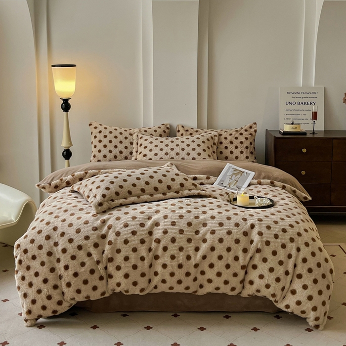 梦纤绒 2025新款亲肤舒适兔毛印花牛奶绒保暖四件套一美拉德系 圆点棕