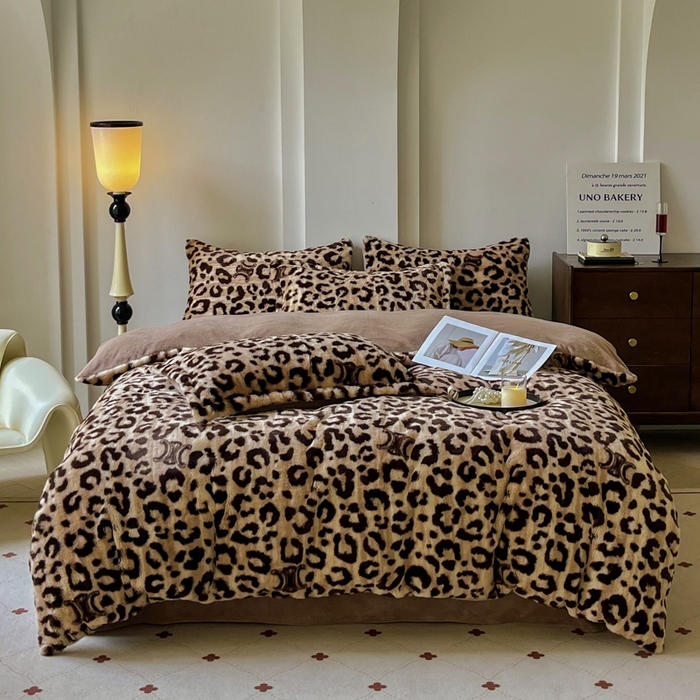 梦纤绒 2025新款亲肤舒适兔毛印花牛奶绒保暖四件套一美拉德系 咖啡豹圈