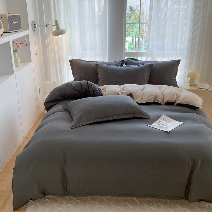 91家纺网 家纺一手货源 找家纺 南通菲度家纺 2025新款高克重芦荟棉四件套-大床 高级灰+卡其