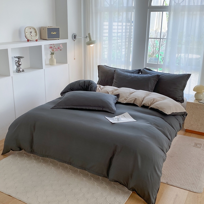 91家纺网 家纺一手货源 找家纺 南通菲度家纺 2025新款高克重芦荟棉四件套-大床 高级灰+卡其