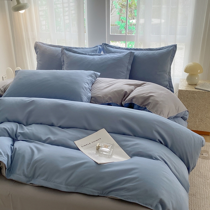 91家纺网 家纺一手货源 找家纺 南通菲度家纺 2025新款高克重芦荟棉四件套-大床 雾蓝+银灰