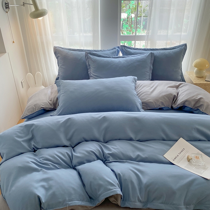 91家纺网 家纺一手货源 找家纺 南通菲度家纺 2025新款高克重芦荟棉四件套-大床 雾蓝+银灰