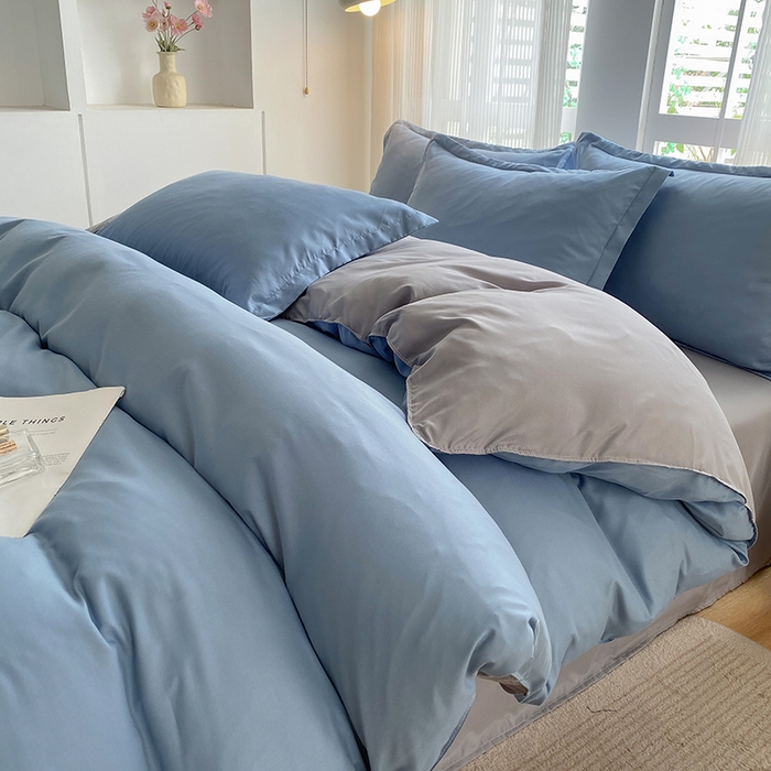 91家纺网 家纺一手货源 找家纺 南通菲度家纺 2025新款高克重芦荟棉四件套-大床 雾蓝+银灰