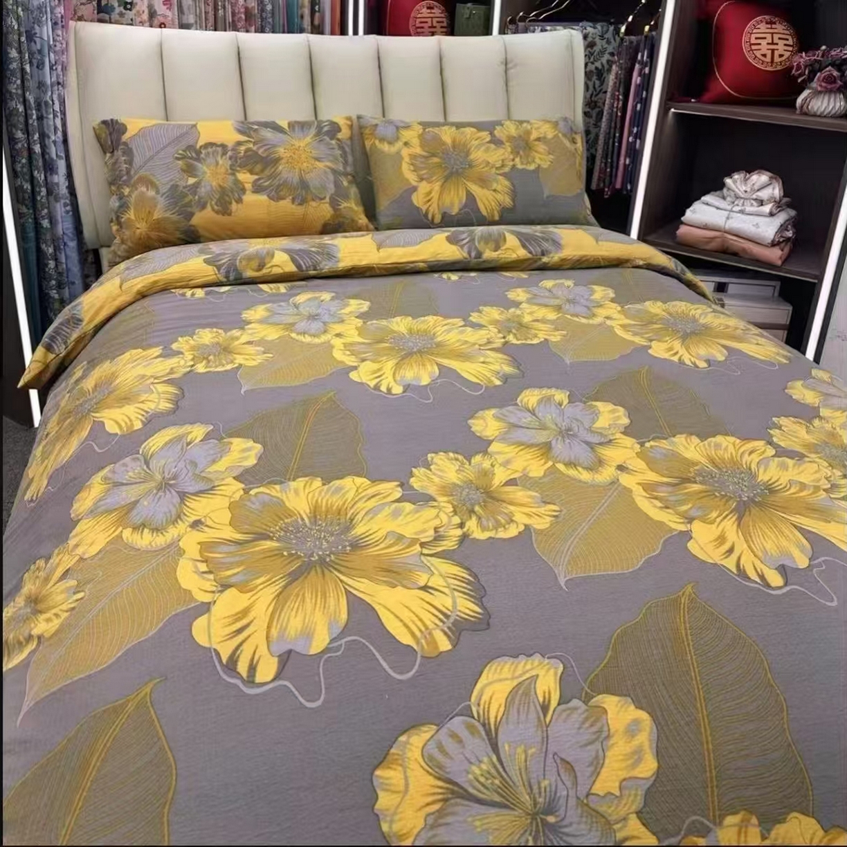 91家纺网 家纺一手货源 找家纺 禧多家纺 2025新款舒适双层纱提花四件套 金晨花语