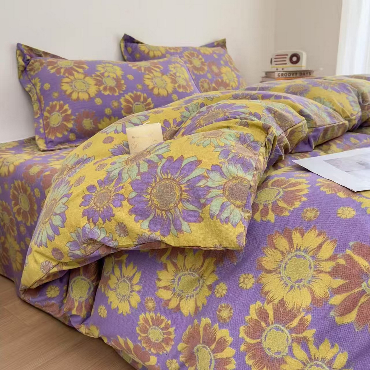 91家纺网 家纺一手货源 找家纺 禧多家纺 2025新款舒适双层纱提花四件套 向日葵紫