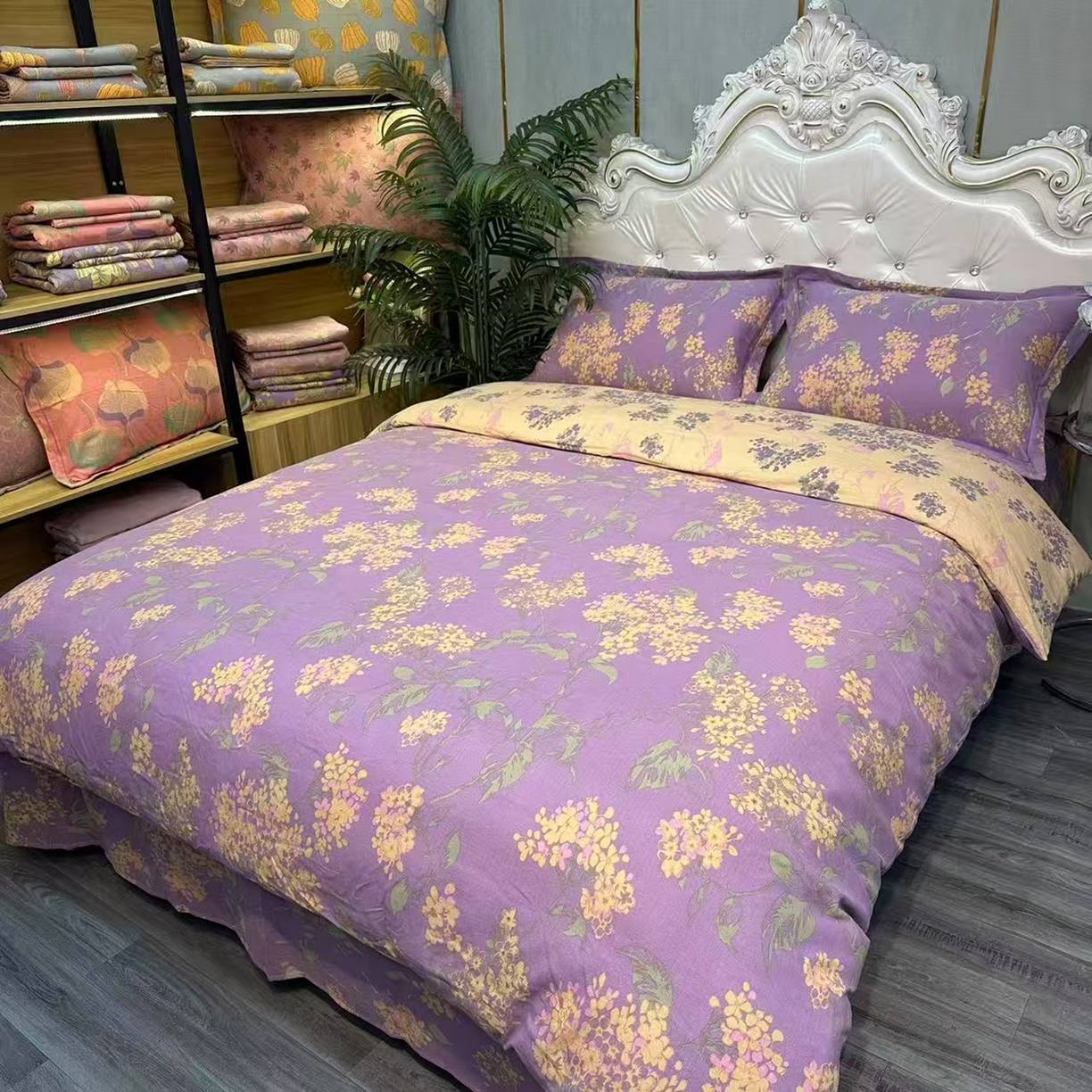 91家纺网 家纺一手货源 找家纺 禧多家纺 2025新款舒适双层纱提花四件套 铂林花事