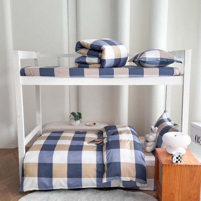 南通菲度家纺 2025新款高克重芦荟棉四件套-宿舍 蓝白大格