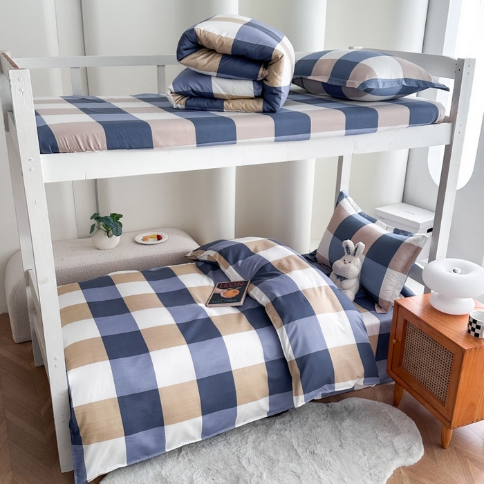 91家纺网 家纺一手货源 找家纺 南通菲度家纺 2025新款高克重芦荟棉四件套-宿舍 蓝白大格