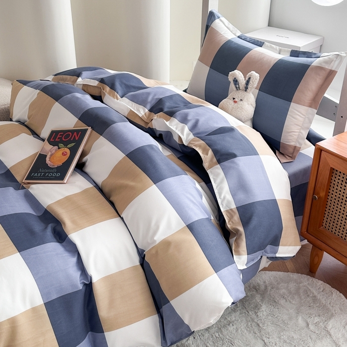 91家纺网 家纺一手货源 找家纺 南通菲度家纺 2025新款高克重芦荟棉四件套-宿舍 蓝白大格