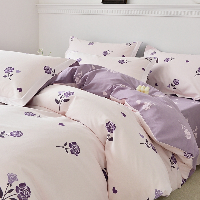 91家纺网 家纺一手货源 找家纺 登登 2024新款直播爆款清新风纯棉全棉三四件套 紫气盛开