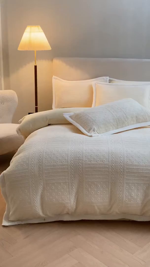 91家纺网 家纺一手货源 找家纺 眠博士 2025新款洛克款浮雕烂花牛奶绒加厚保暖四件套 洛克款-艺尚奶白