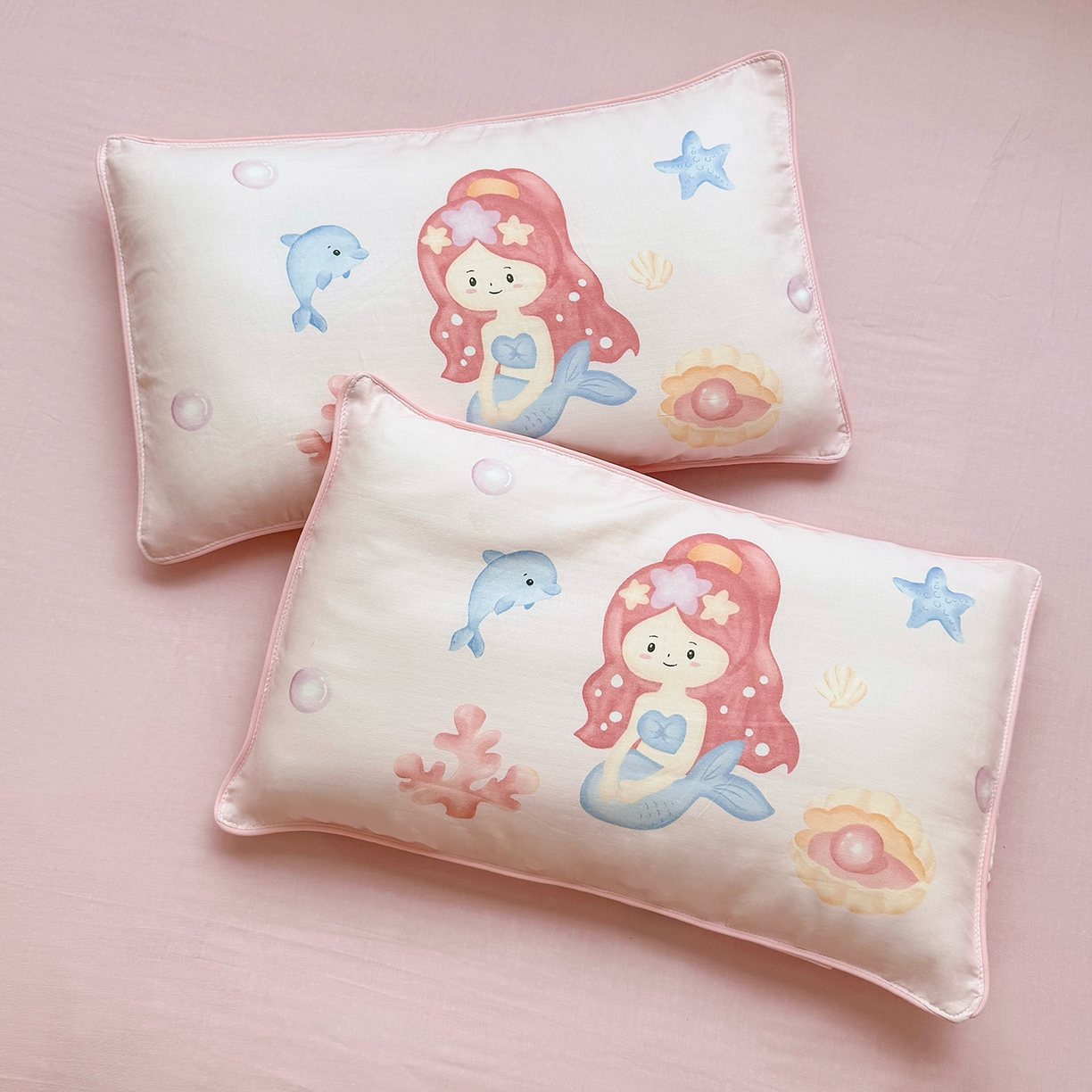 91家纺网 家纺一手货源 找家纺 萌宝家纺 2025新款母婴A类全棉双层纱儿童被套纯棉纱布三件套 美人鱼