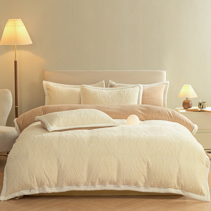 91家纺网 家纺一手货源 找家纺 眠博士 2025新款洛克款浮雕烂花牛奶绒加厚保暖四件套 洛克款-奇迹奶咖