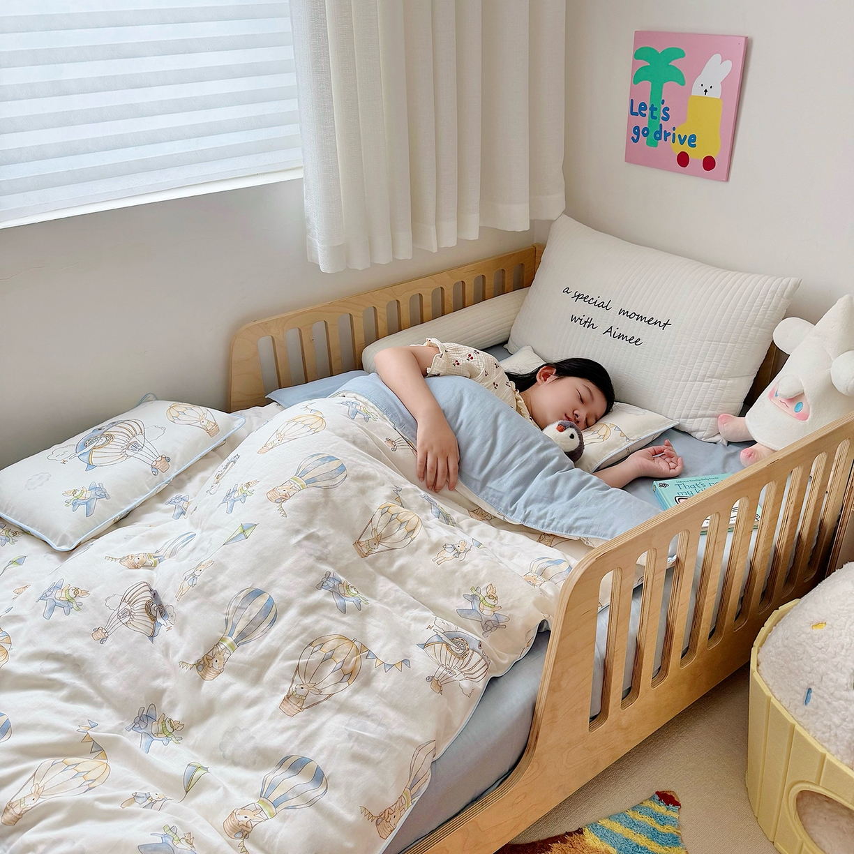 91家纺网 家纺一手货源 找家纺 萌宝家纺 2025新款母婴A类全棉双层纱儿童被套纯棉纱布三件套 热气球