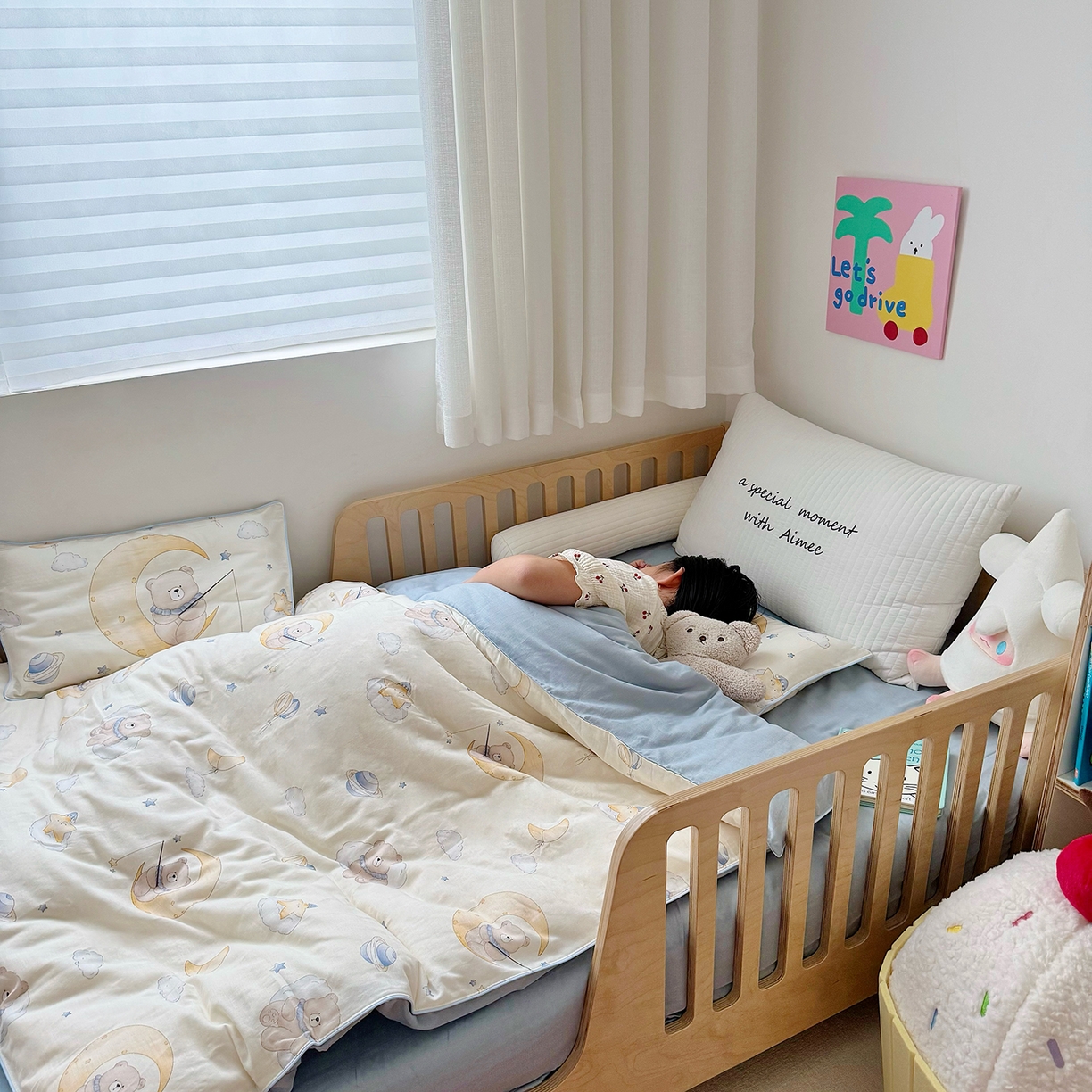 91家纺网 家纺一手货源 找家纺 萌宝家纺 2025新款母婴A类全棉双层纱儿童被套纯棉纱布三件套 晚安熊