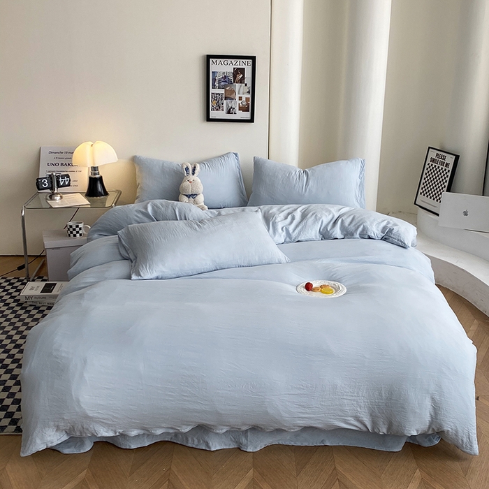 南通菲度家纺 2025新款超柔皱皱水洗棉纯色四件套 海盐蓝